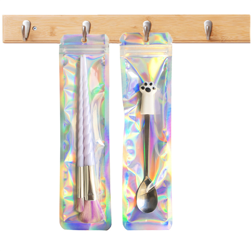 100pc Holographic Mylar Pouch Clear Window Long Laser Foil Pen Bag Retail Packaging Ziplock Makeup Brush Bags For Small Business