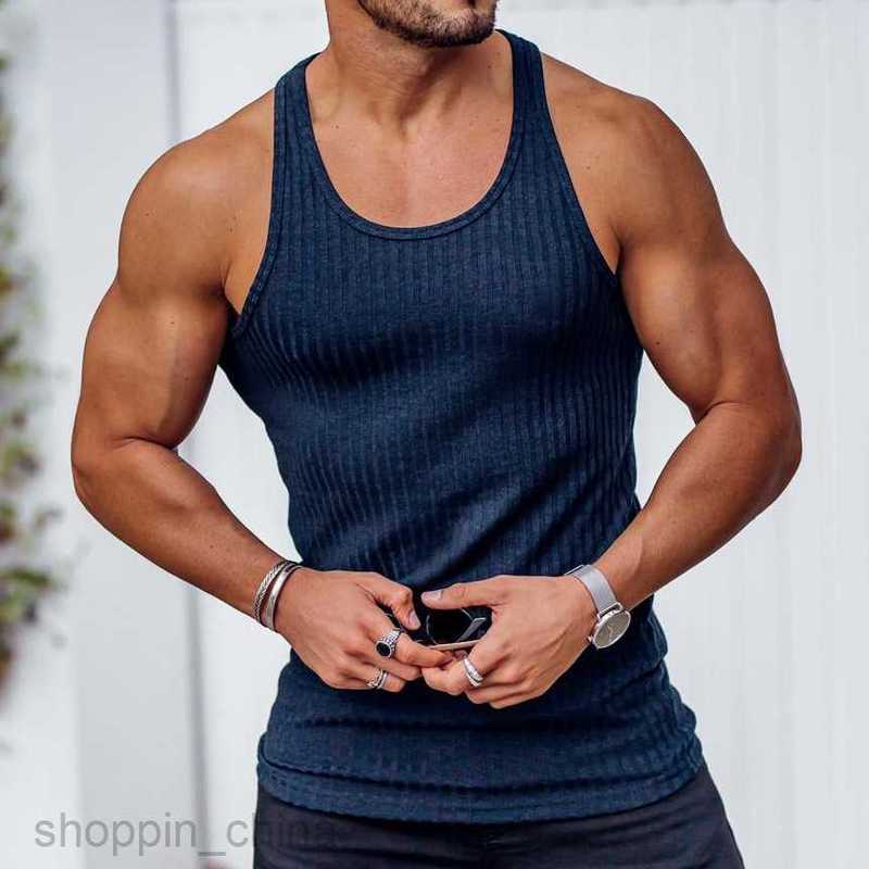 Men's T Shirts Summer Knitted Vertical Stripe Fitness Sports Tank Top Men Racerback Tank Top tees tops