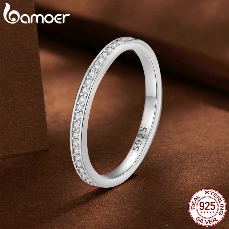 BAMOER Moissanite Wedding Band 925 Sterling Silver Eternity Rings Platinum Plated Lab Created Diamond Stackable Ring for Women