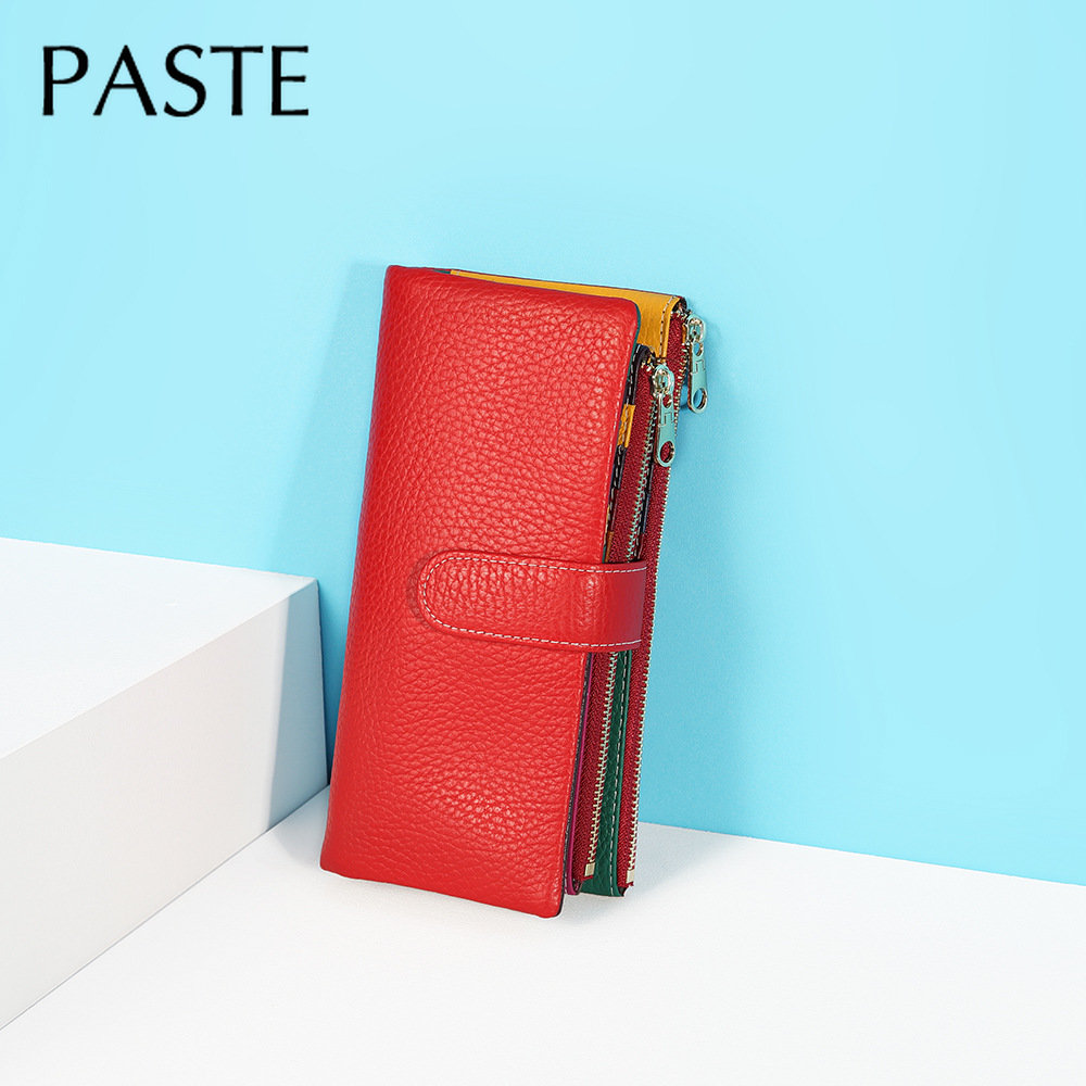 Cartera larga de cuero de vaca para mujer, cartera larga con cremallera, tarjetero, estilo japonés, color amarillo y verde