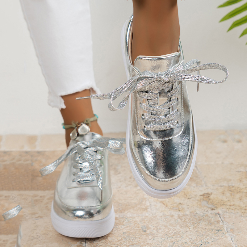 Gold Sier PU Leather Sneakers Women Non-Slip Lace Up Platform Casual Woman 2023 Autumn Flats Shoes atos Mujer Size 43 4