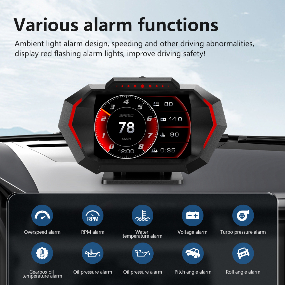 AD P24 HUD Accelerated Test Speedometer Tachometer RPM Gauge Voltmeter 10 Alarm Functions Car Head Up Display OBD GPS System