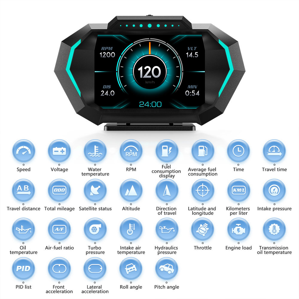 AD P24 HUD Accelerated Test Speedometer Tachometer RPM Gauge Voltmeter 10 Alarm Functions Car Head Up Display OBD GPS System