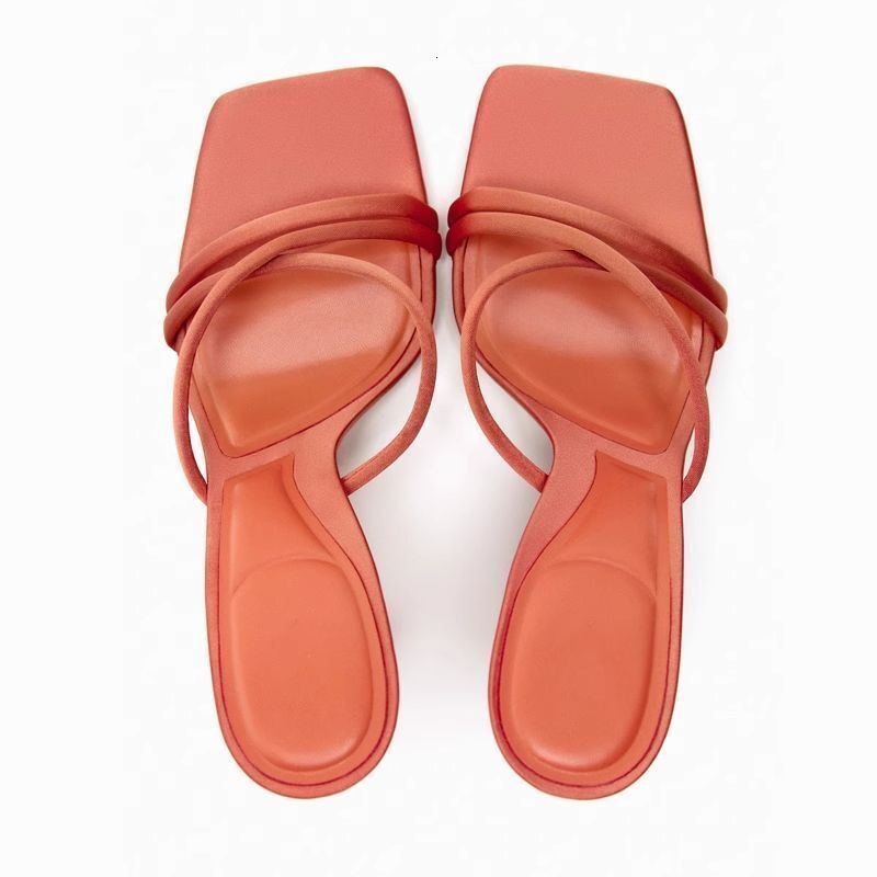 New Product Women's Shoes Coral Red Cross Ribbon High Heel With Satin Texture Square Headed Outward Wearing Sandals
