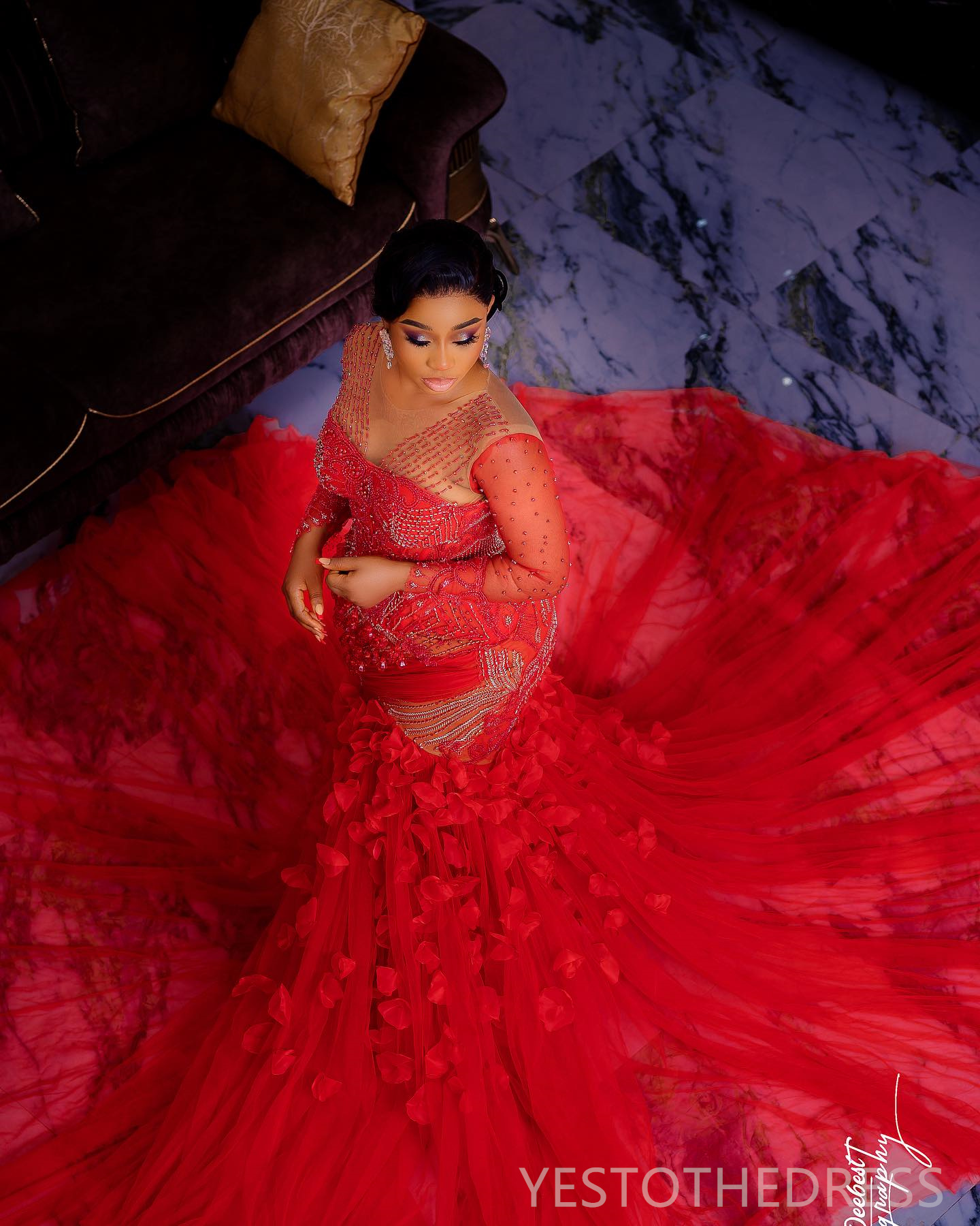 R&W 2024 Plus Size Red Prom Dress Mermaid Promdress Illusion Sheer Neck Long Sleeves Beaded Rhies ra Tiered Tulle Birthday Gown Second Reception Gowns