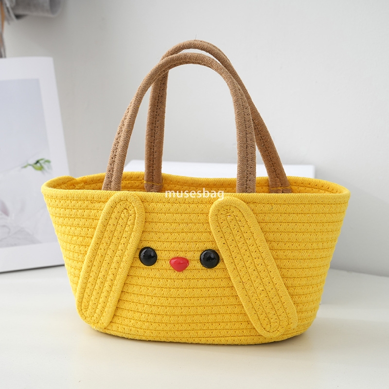 Advanced Women's Designer Cartoon Shaped Woven Large Capacity Handbag Stupid Cute Lightweight Practical Woven Bag for Daily Travel Cotton Rope Ba