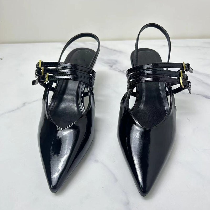 TRAF Heeled 2024 Summer High Heels Pointed Female Pumps Thin Band Buckle Sandals Muller Shoes For Women Office