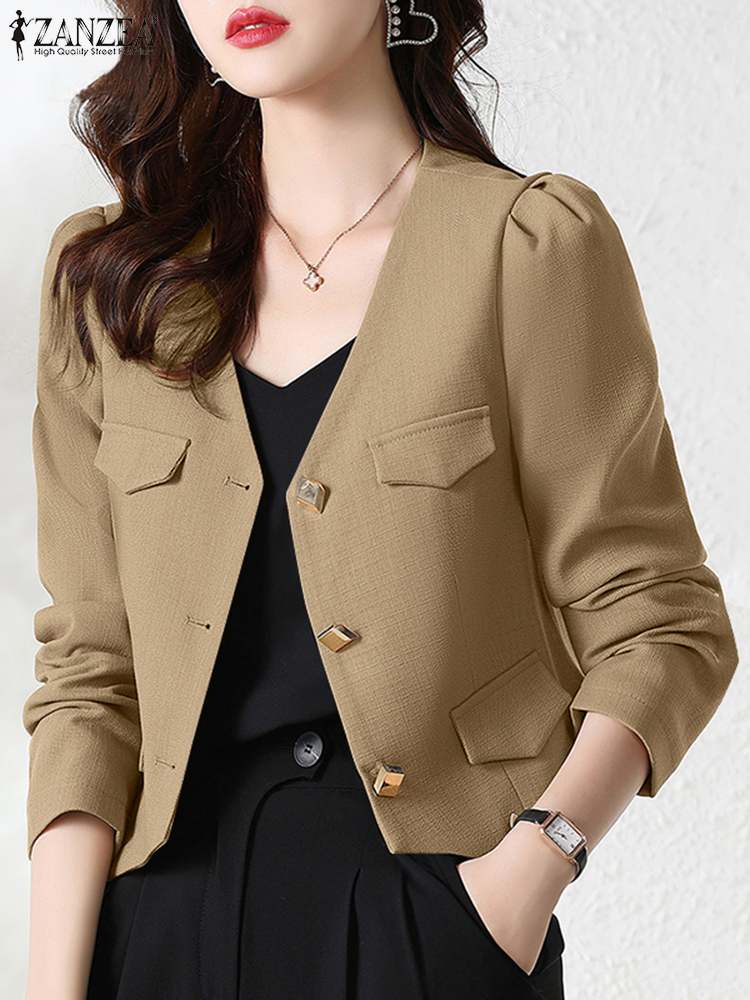 2023 ZANZEA Women Elegant V Neck Long Sleeve Blazer Autumn Office Lady Suits Coats Fashion Solid Work Jackets Party Thin Outwear