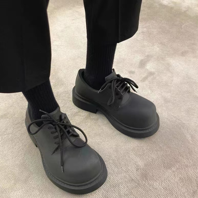 Black Big Round Toe Front Tie Platform Leather Shoes Unisex 2023 Retro Thick Bottom Sewing Thread Chunky Heel Shoes Luxury