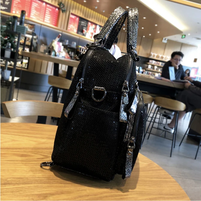Mesh Iridescent Sparkle Shiny Paillette Convertible Backpack Handbag 2024 Big Capacity Multi Pockets Work Black Short Handle Bag