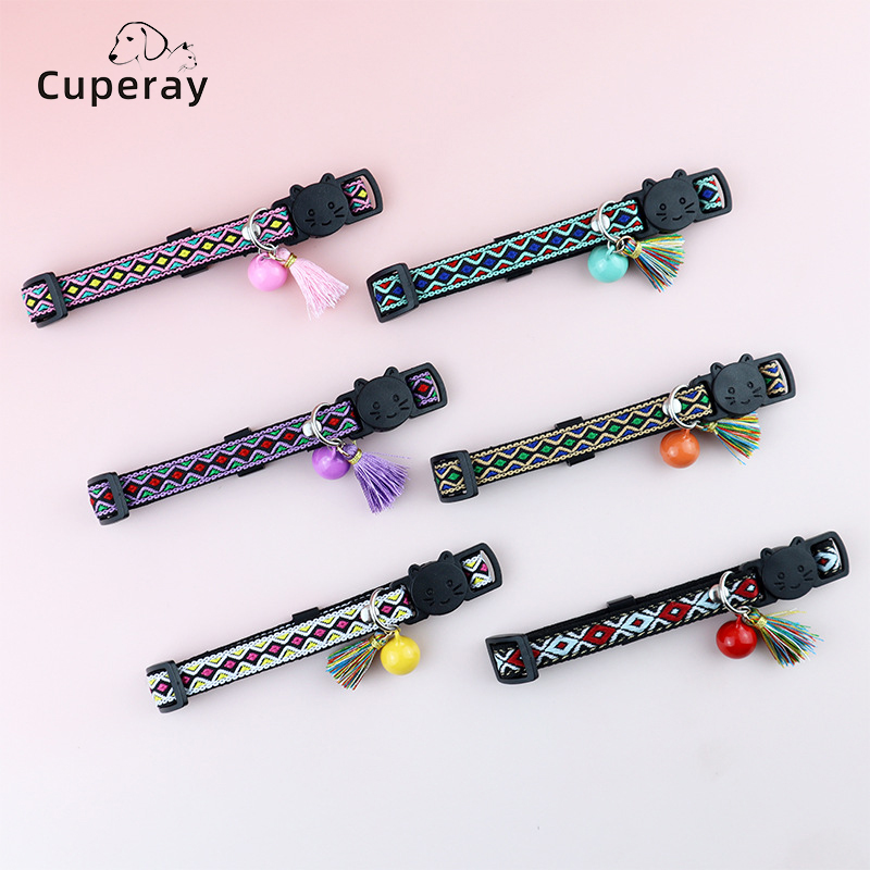 Pet Cat Collar Bell Tassel Colorful Rhombus Ethnic Style Pet Collar Adjustable Cat Collars for Kitten and Puppy Pet Accessories