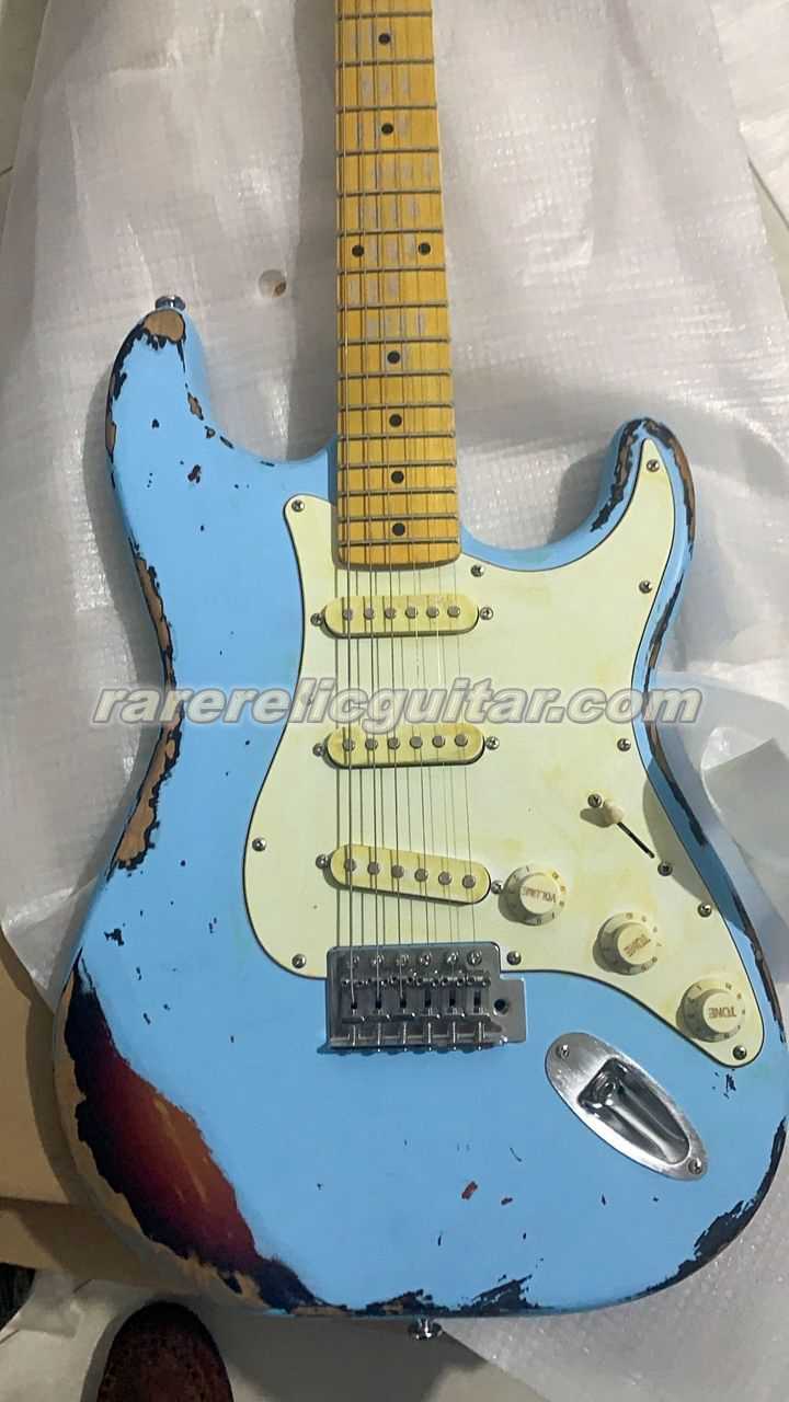 New 1959 Heavy Distressed Light Blue Over Sunburst Electric Guitar - Alder Body, Maple Neck, Aged Hardware, Nitro Lacquer Finish