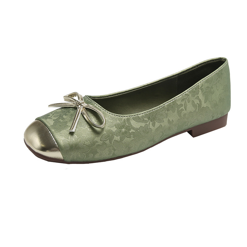 2024 new national style color matching bow head shallow mouth single women's soft soled Chicken rolls flat bottomed bean shoes