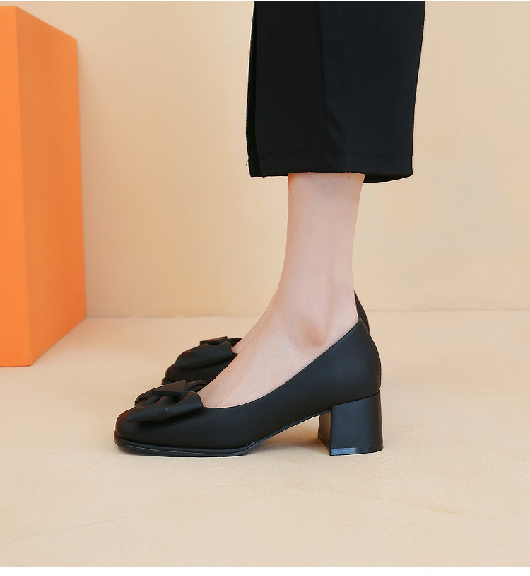 Bow square head shallow cut single shoes women thick heels Mary Jane women's shoes fashion women's small leather shoes