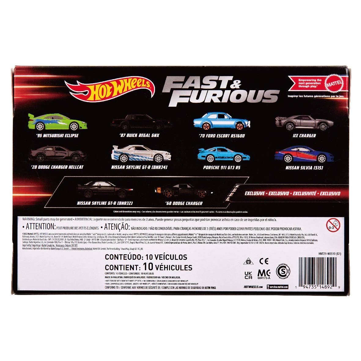 Hot Wheels Fast and Furious Cars Nissan Skyline GTR BNR32 /NISSAN SILVIA S15/MITSUBISHI ECLIPSE 1/64 Die-cast Model HNT21