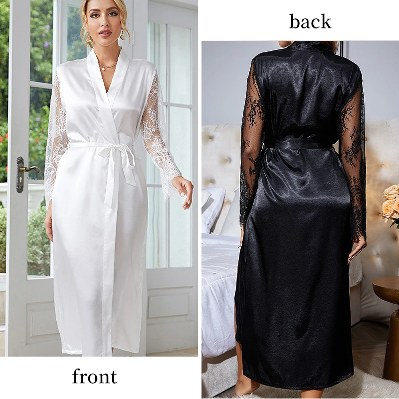 Sexy Pajamas Sleepwear Lace Hollow Woman Lace Transparent Cardigan Nightclothes Blouse Long Nightgown