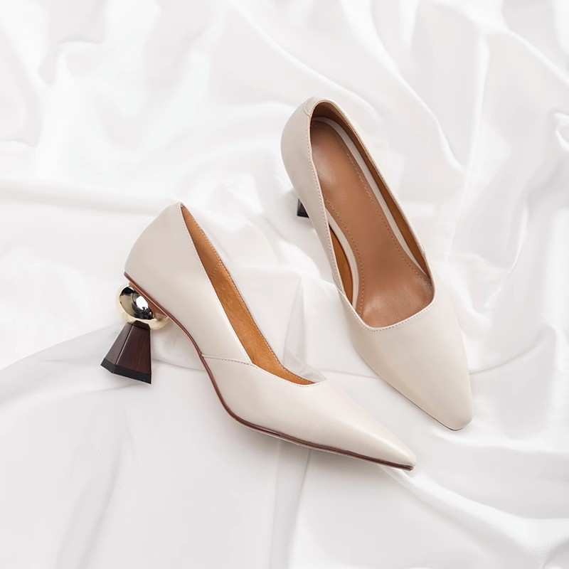 Gold Pointed Toe Strange Style Pumps for Women - Leather High Heels Spring