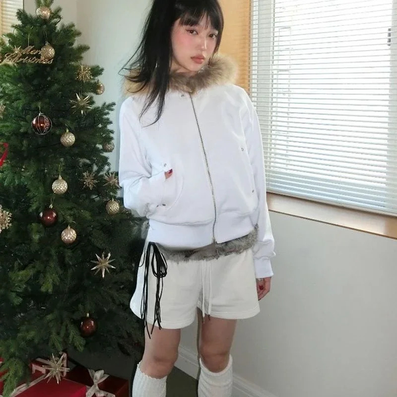 Fairy Fur Patchwork Fashion Sweatshirts Vintage Grunge All Match Womens Coats Double Zippers Casual Hoodies Y K Aesthetic Femme