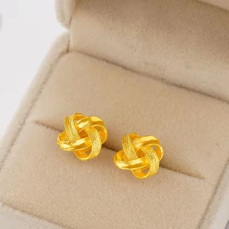 Genuine 14k Gold Ruyi Chinese Knot Earrings for Women Girlfriend Wedding Birthday Gift 999 Gold Color Earrings Fine Jewelry Gift