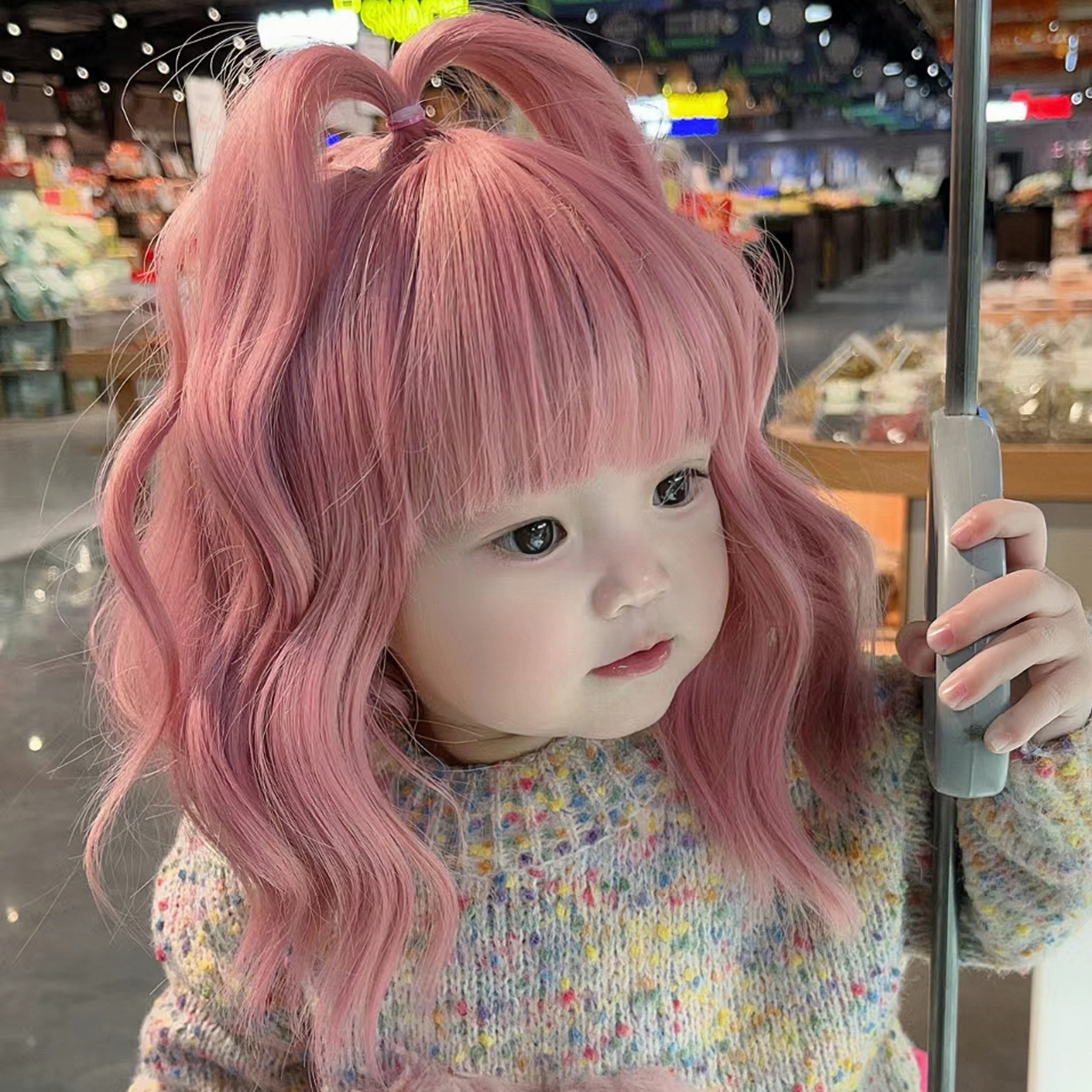 Children's Wig Girl Pink Medium Length Curly Hair Baby Bubble Face Hairstyle Baby Cute Reborn Doll Accessories Kids Head Cover