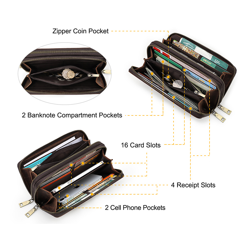 CONTACT'S Genuine Leather Clutch Wallets For Men Long Vintage Zipper Handbags Coin Purses Card Holders Money Clip Men's Wallets