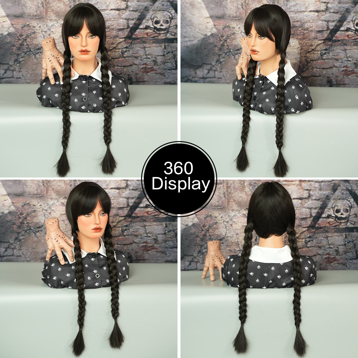 7JHH WIGS Long Black Braids Wig with Bangs Braid Cosplay Wig Halloween Costume Party Wigs Synthetic Hair Wig for Girls
