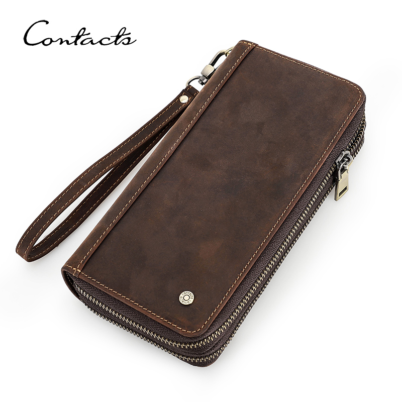 CONTACT'S Genuine Leather Clutch Wallets For Men Long Vintage Zipper Handbags Coin Purses Card Holders Money Clip Men's Wallets