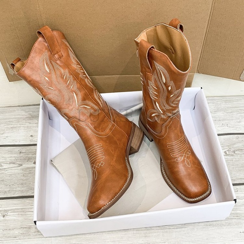 Women's Embroidered New Motorcycle Boots With Western Cowboy Style - V-Neck, Square Toe, Thick Hot Heel, 2024 Trend
