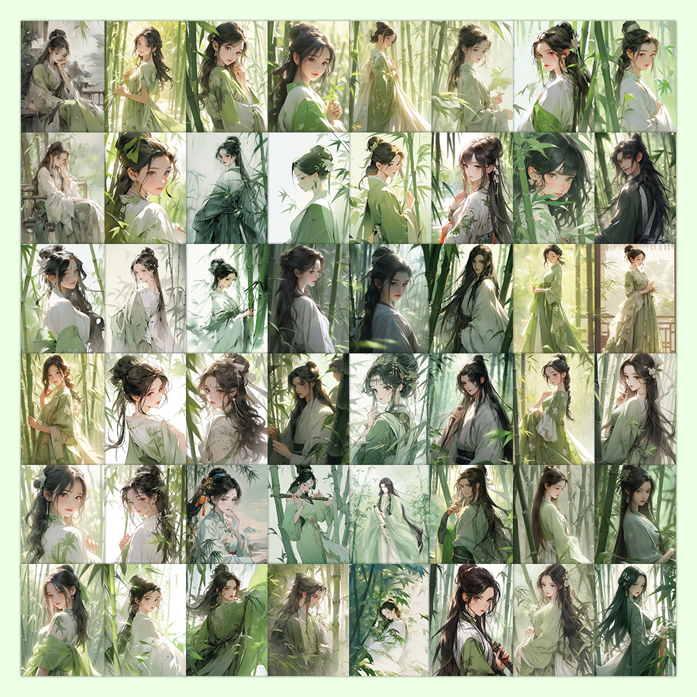63PCS Ancient Bamboo Figures Girl Sticker Quotes Sentences DIY Laptop Luggage Refrigerator Skateboard Toy Decal Sticker