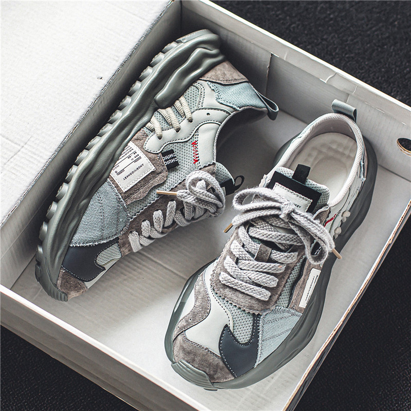 Men's Running Shoes New Mesh Breathable Clunky Shoes Fashionable Comfortable Casual Style Sports Thick Sole Trendy Green Free shipping
