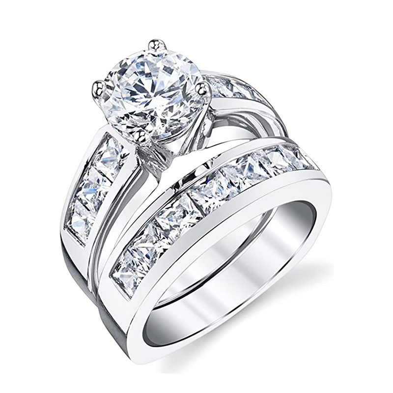 Sterg Sier Couple Wedding Rings: Elegant Bridal Set with Round Cut White Topaz CZ Dias