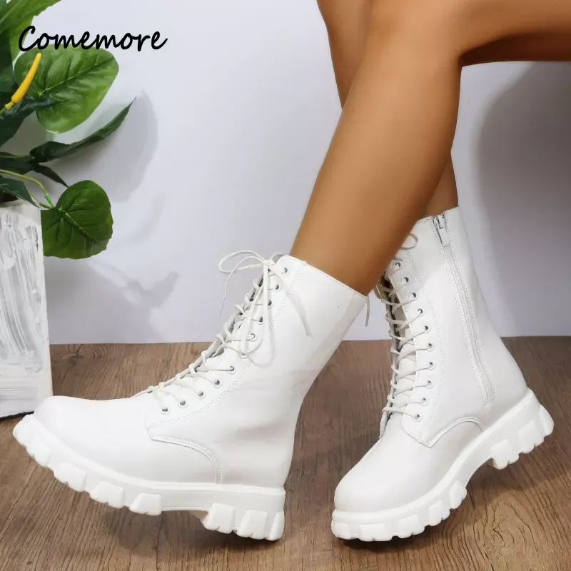 Comemore PU Leather White Ankle Boots Motorcycle Female Chunky Heels Platform Boot Boots Women 2023 Autumn Winter Botas Mujer 43
