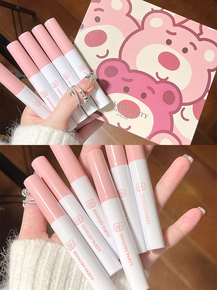 6Pcs/set Pink Bear Velvet Lip Gloss Matte Velvet Lip Glaze Waterproof Long Lasting Non-marking Natural Lip Tint Cosmetic Kit