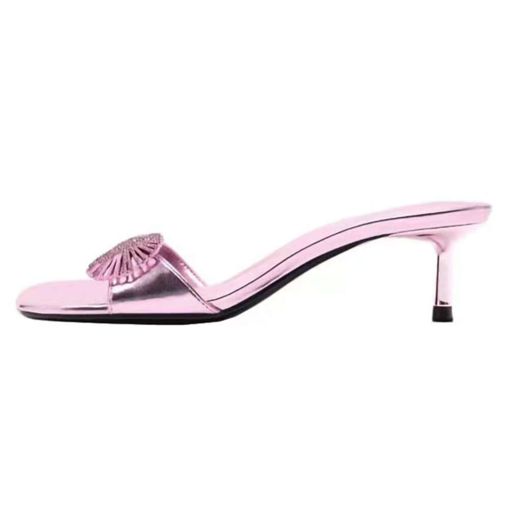 TRAF Pink Women's Rhie Square Head Cat Heel Sandals 2023 Summer Elegant Women Heeled Shoes Stiletto Lady Slippers