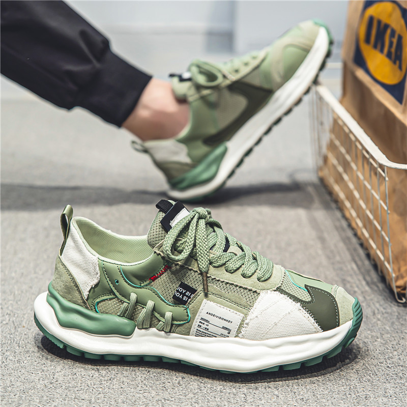 Men's Running Shoes New Mesh Breathable Clunky Shoes Fashionable Comfortable Casual Style Sports Thick Sole Trendy Green Free shipping