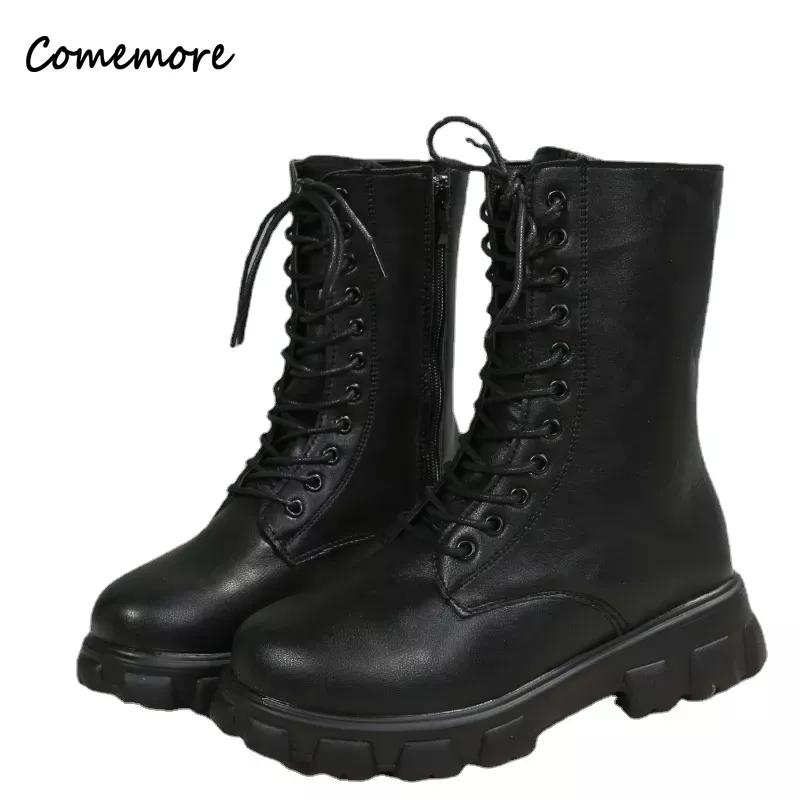 Comemore PU Leather White Ankle Boots Motorcycle Female Chunky Heels Platform Boot Boots Women 2023 Autumn Winter Botas Mujer 43