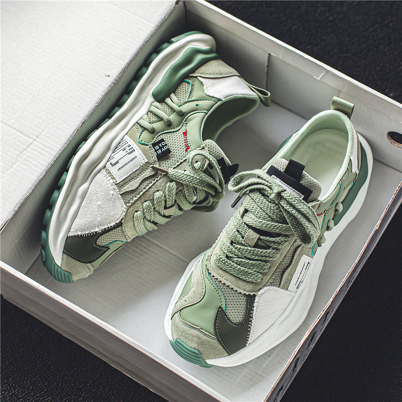 Men's Running Shoes New Mesh Breathable Clunky Shoes Fashionable Comfortable Casual Style Sports Thick Sole Trendy Green Free shipping