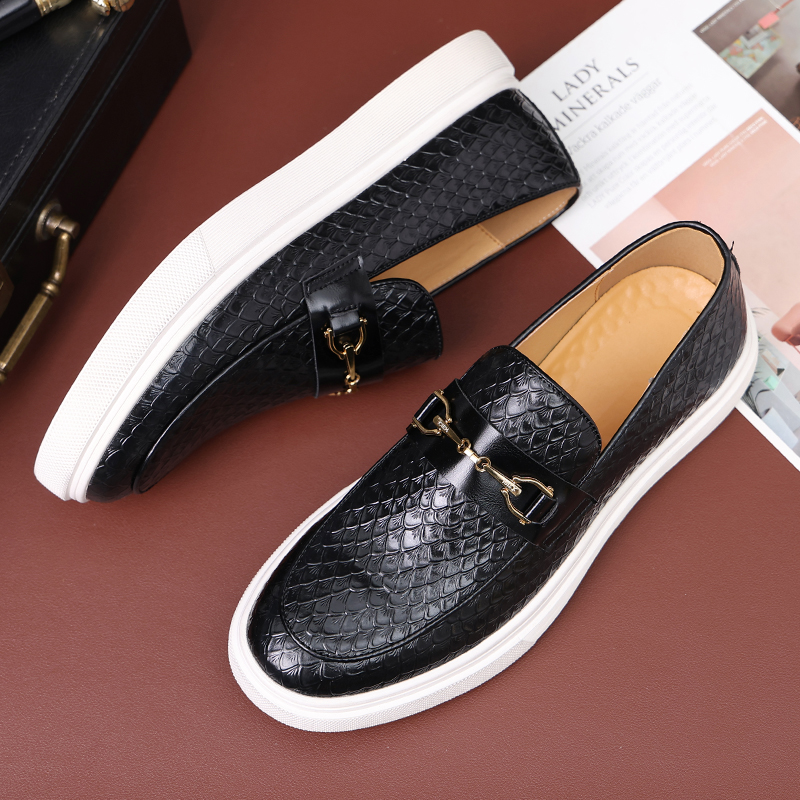 Casual Men's Emed Leather Men Fashion Buckle Horsebit Loafers Mens Slip-on Board Shoes Outdoor Flats 011e s