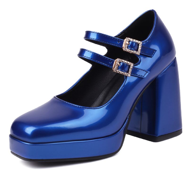 Sexy Punk High Heels Pumps Woman Mary Janes Shoes Large Size 45 Patent Black Red Blue Women's Heeled Dance Party Wedding Shoes