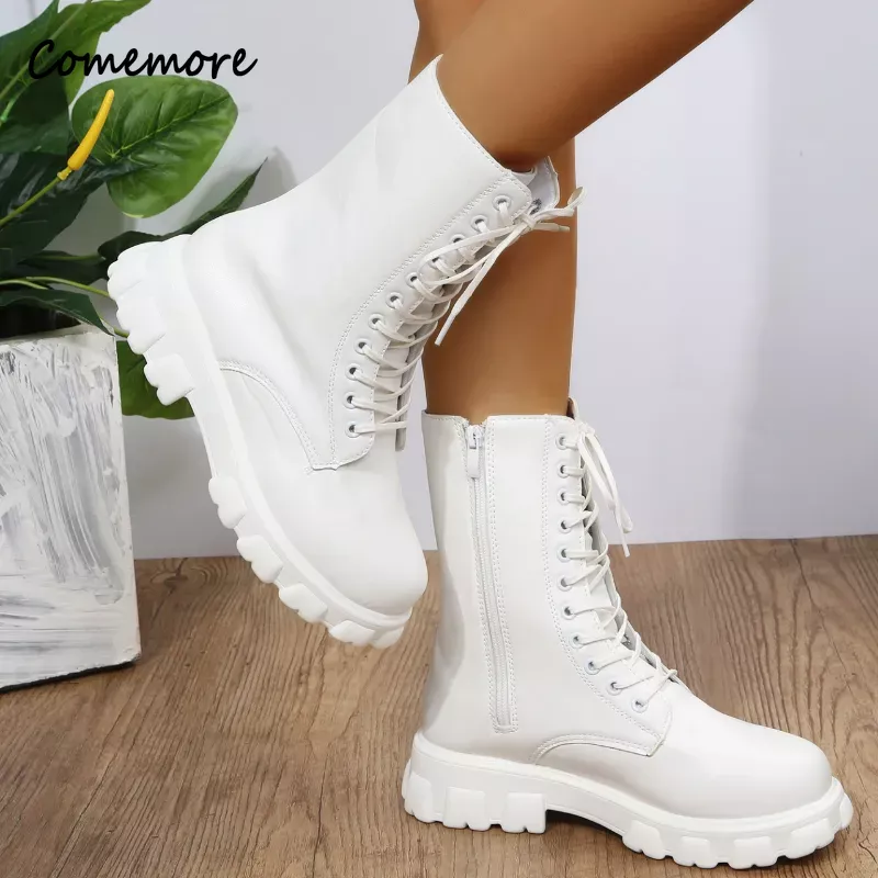 Comemore PU Leather White Ankle Boots Motorcycle Female Chunky Heels Platform Boot Boots Women 2023 Autumn Winter Botas Mujer 43