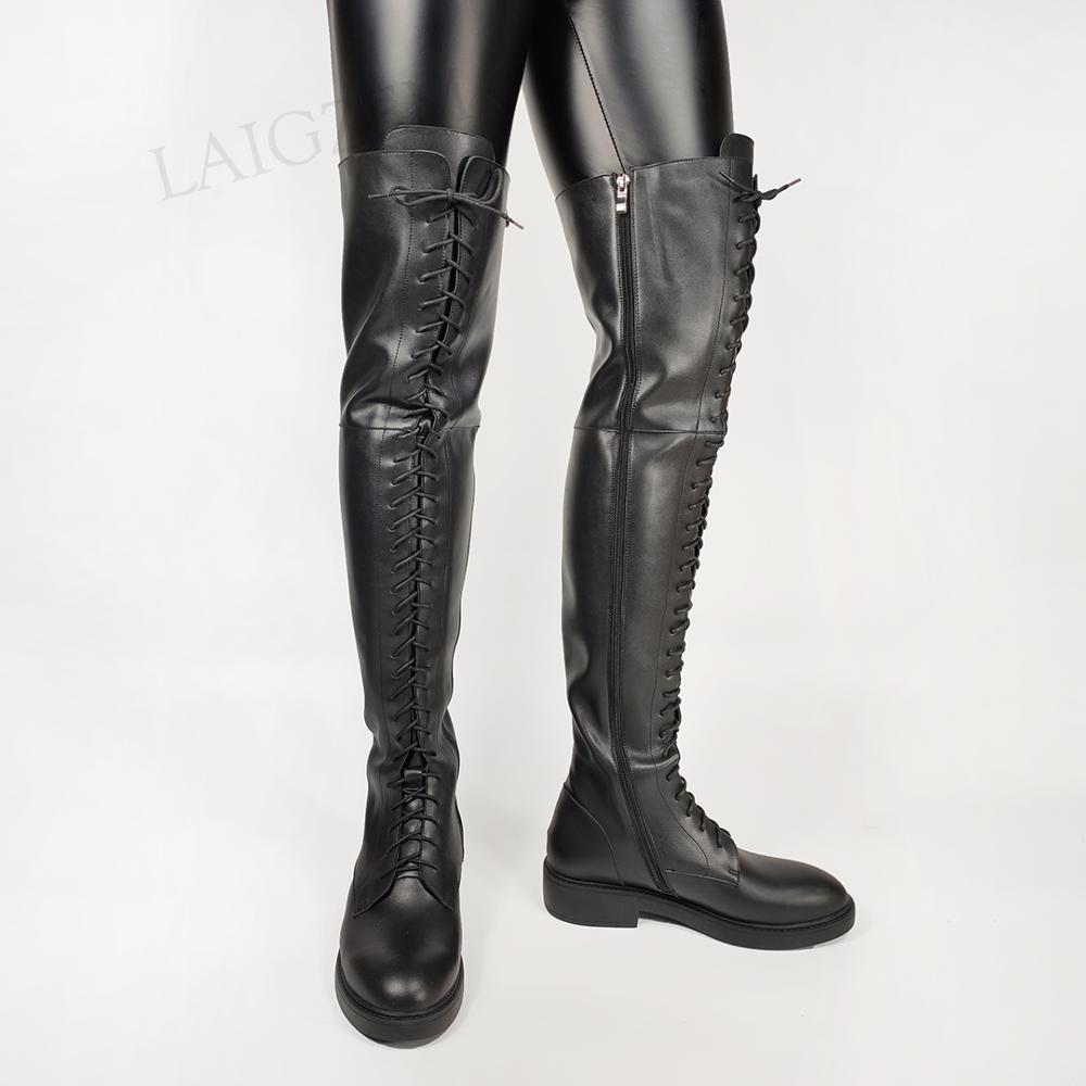new LAIGZEM Quality Women Over Knee High Boots Wide Claf Friendly Low Heels Boots 2025 Zip Up Unisex Shoes Woman Botas Size 33 38 39 43