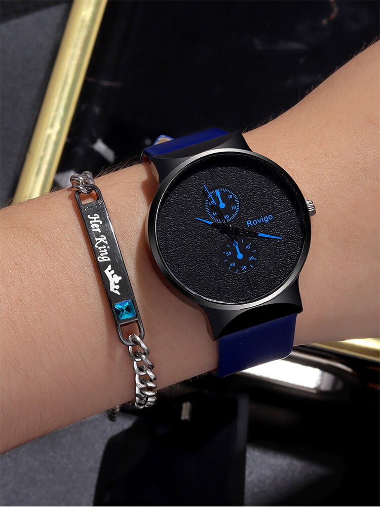 2pcs MEN'S Fashionable and Minimalist MEN'S Blue Belt Quartz Watch+bracelet Set