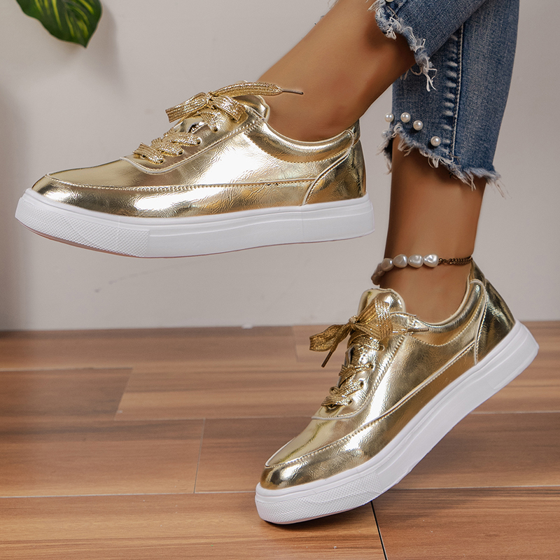 Gold Sier PU Leather Sneakers Women Non-Slip Lace Up Platform Casual Woman 2023 Autumn Flats Shoes atos Mujer Size 43 4
