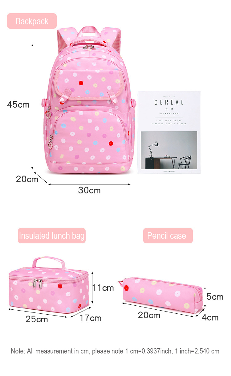 Primary School Bags for Girls 3 Pcs/Set Waterproof Kids Schoolbag Backpack Child With Pencil Case Lunchbox Dot Printed Book Bag