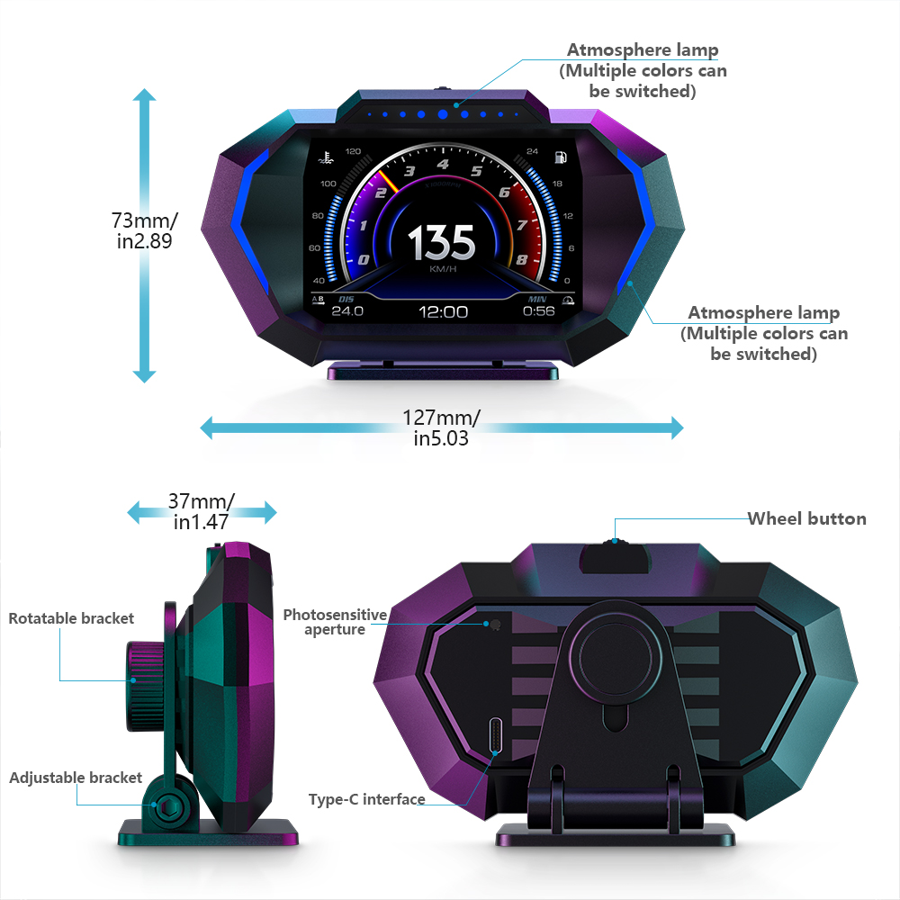 AD P24 HUD Accelerated Test Speedometer Tachometer RPM Gauge Voltmeter 10 Alarm Functions Car Head Up Display OBD GPS System
