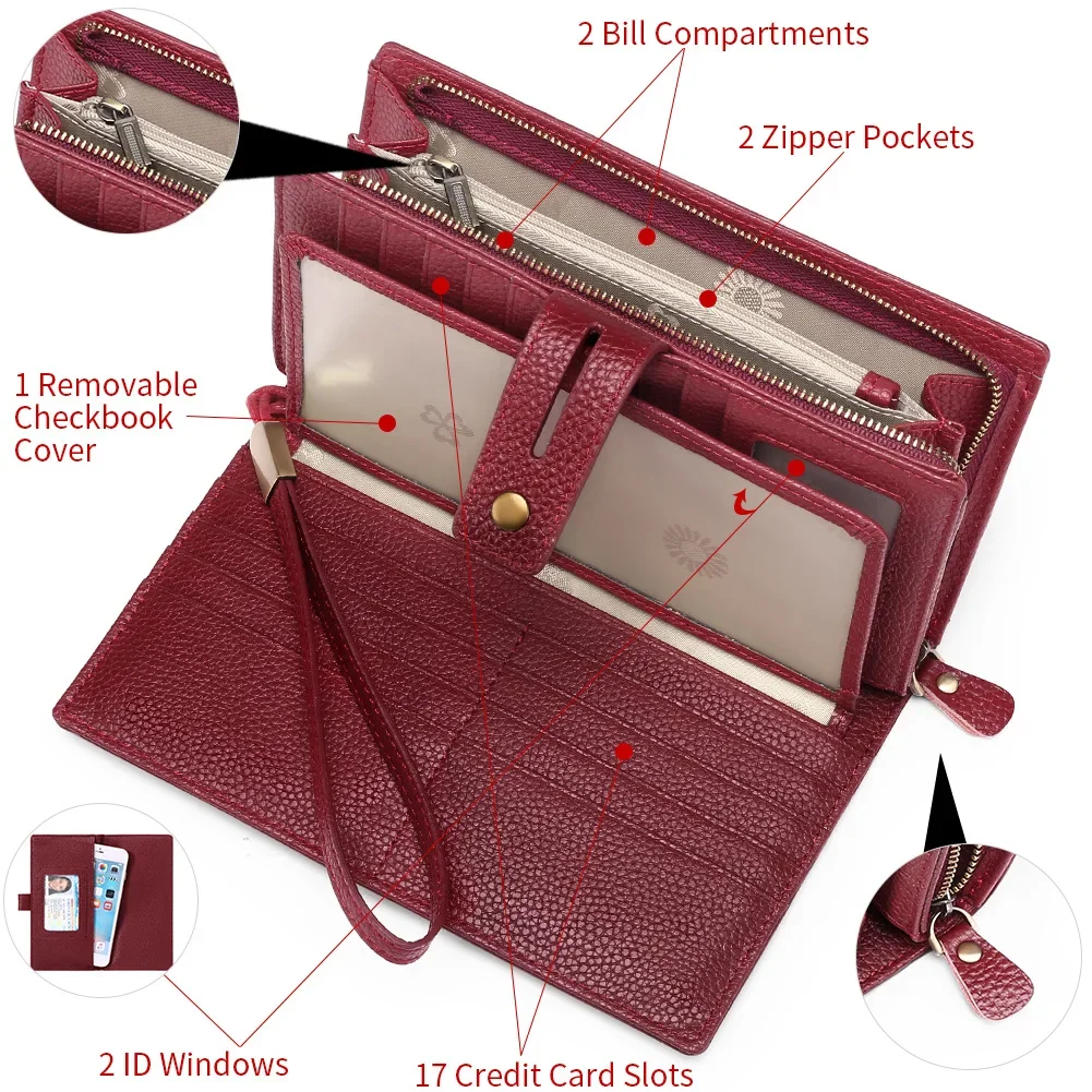 Women Long Genuine Cow Leather Wallets Vintage Purse Large-capacity Clutch Phone Card Holder High-quality Handbag Money Clip 8Z