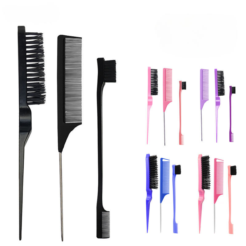 3 Pieces Hair Brush Set,Hair Styling Comb Including Dual Sided Edge Brush & Rat Tail Comb and Teasing Comb for Women Girl Barber