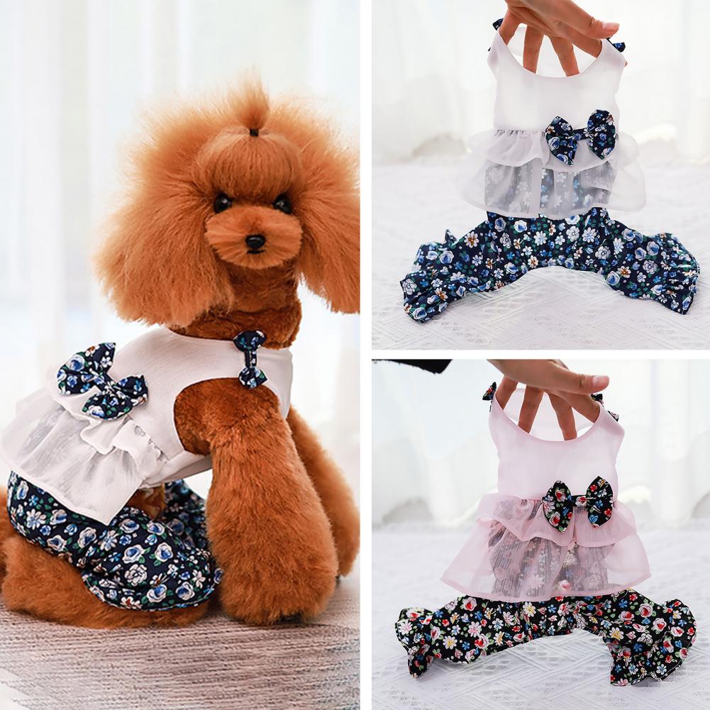 Excellent Dog Jumpsuit Soft Texture Dog Overalls Thin Decorative Floral Printed Pet Bowknot Summer Clothes