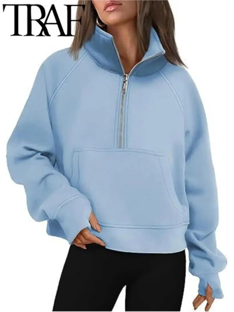 TRAF AutumnWinter Womens Sports Half Zip Yoga Suit Loose Standing Collar Plus Plush Sweater Hoodies Warm Casual Pink 240619