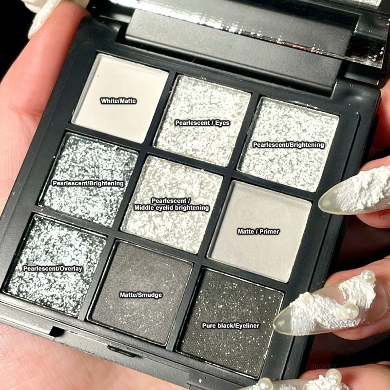 9 Colors Punk Smokey Matte Glitter Eyeshadow Palette Shimmer Eye Shadow Makeup Palette Cool Toned Gray Black Eye Pigment Palett